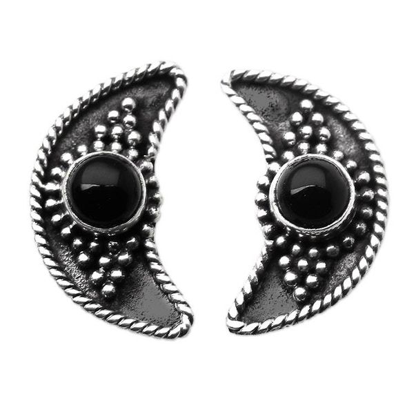 Alternate image for Onyx Button Earrings with Crescent Moon Motif Crescent Night