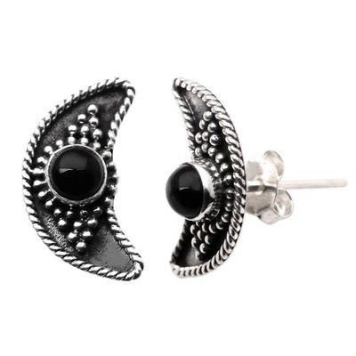Alternate image for Onyx Button Earrings with Crescent Moon Motif Crescent Night