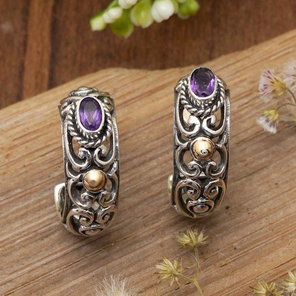 Alternate image for 18k Gold-Accented Half-Hoop Earrings with Oval Amethyst Gems Gleaming Purple