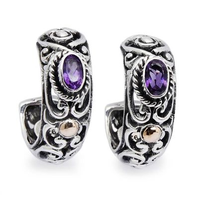 Alternate image for 18k Gold-Accented Half-Hoop Earrings with Oval Amethyst Gems Gleaming Purple