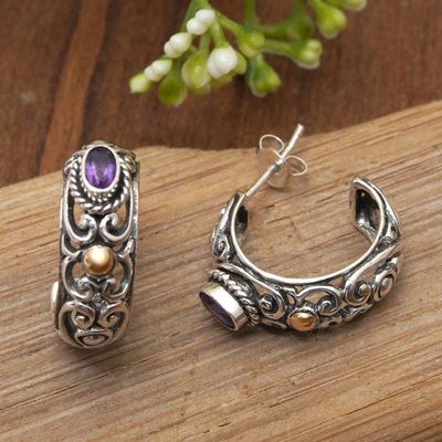 Alternate image for 18k Gold-Accented Half-Hoop Earrings with Oval Amethyst Gems Gleaming Purple
