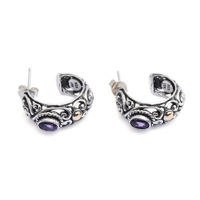 Alternate image for 18k Gold-Accented Half-Hoop Earrings with Oval Amethyst Gems Gleaming Purple