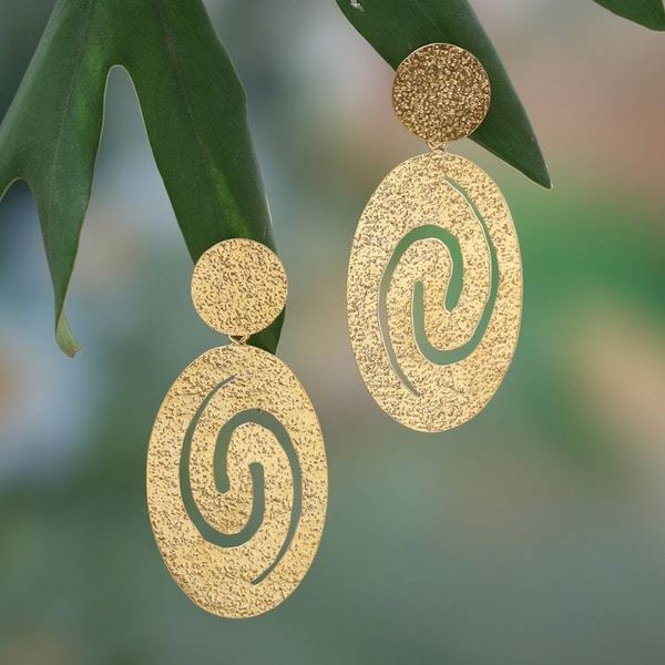 Alternate image for Textured 18k Gold-Plated Spiral Dangle Earrings Made in Bali Spiral of Success