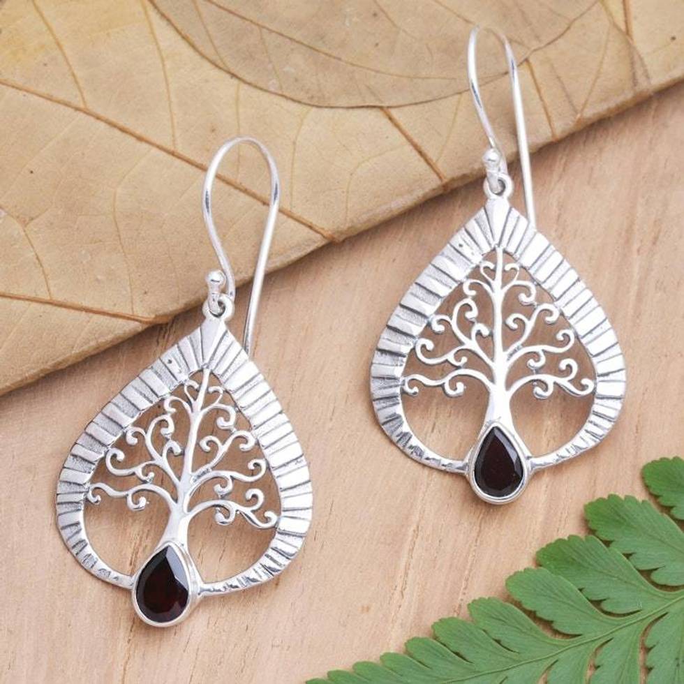 Garnet and Sterling Silver Tree of Life Earrings 'Tropical Tree'