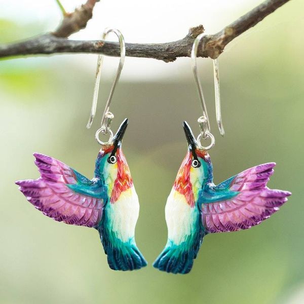 Alternate image for Hand-Painted Hummingbird Dangle Earrings in Teal and Purple Magical Feathers