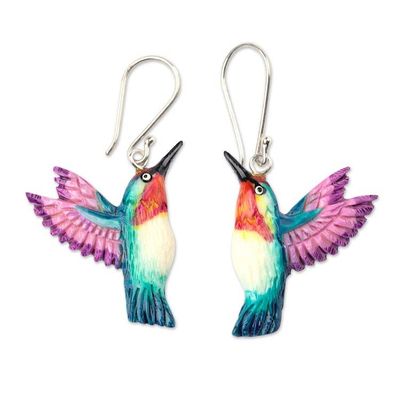 Alternate image for Hand-Painted Hummingbird Dangle Earrings in Teal and Purple Magical Feathers