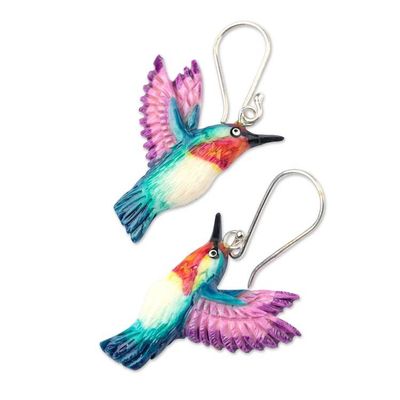 Alternate image for Hand-Painted Hummingbird Dangle Earrings in Teal and Purple Magical Feathers