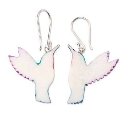 Alternate image for Hand-Painted Hummingbird Dangle Earrings in Teal and Purple Magical Feathers