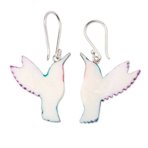 Alternate image for Hand-Painted Hummingbird Dangle Earrings in Teal and Purple Magical Feathers