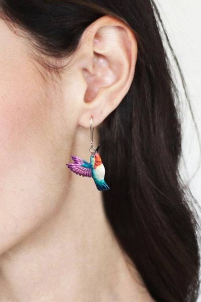 Alternate image for Hand-Painted Hummingbird Dangle Earrings in Teal and Purple Magical Feathers