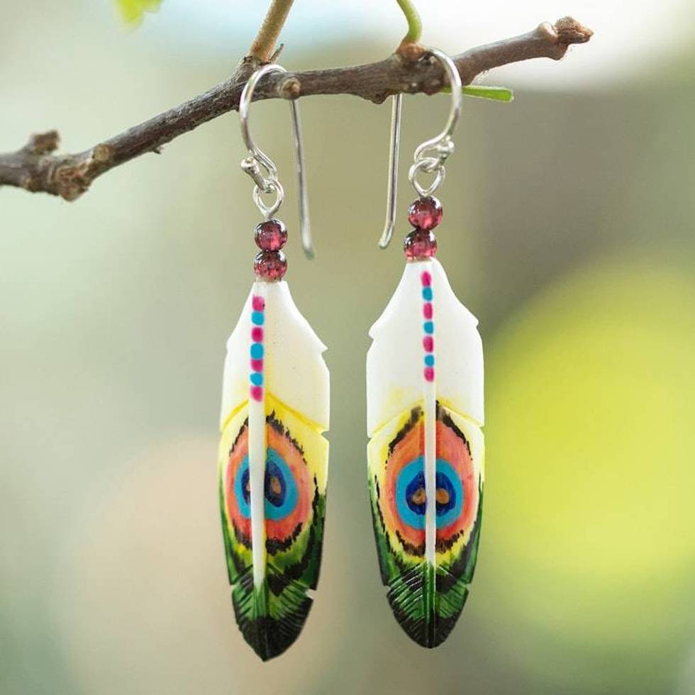 Peacock-Inspired Hand-Painted Garnet Bead Dangle Earrings 'Peacock Prestige'