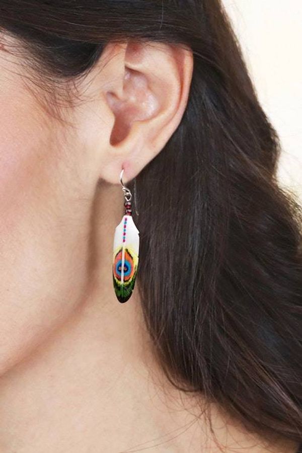 Alternate image for Peacock-Inspired Hand-Painted Garnet Bead Dangle Earrings Peacock Prestige