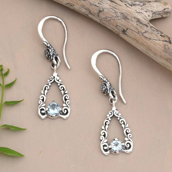 Alternate image for Heart-Shaped Nature-Themed Blue Topaz Silver Dangle Earrings Azure Garden