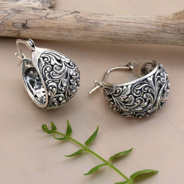 Alternate image for Leaf and Vine-Themed Textured Sterling Silver Hoop Earrings Blooming Season