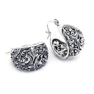 Alternate image for Leaf and Vine-Themed Textured Sterling Silver Hoop Earrings Blooming Season