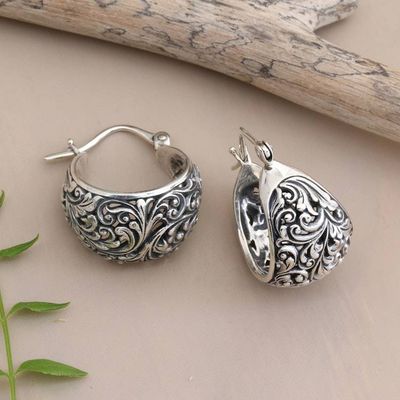 Alternate image for Leaf and Vine-Themed Textured Sterling Silver Hoop Earrings Blooming Season