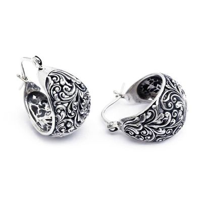 Alternate image for Leaf and Vine-Themed Textured Sterling Silver Hoop Earrings Blooming Season