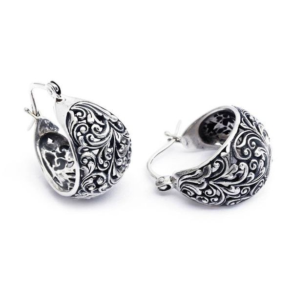 Alternate image for Leaf and Vine-Themed Textured Sterling Silver Hoop Earrings Blooming Season