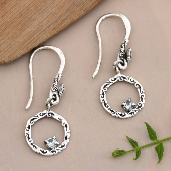 Alternate image for Blue Topaz Silver Dangle Earrings with Floral and Leaf Theme Botanical Radiance