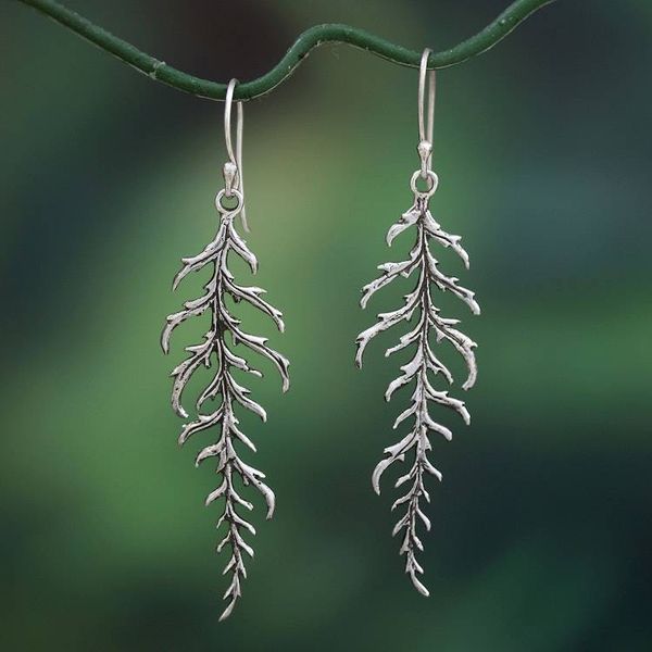Alternate image for Spruce Tree Leaf-Themed Sterling Silver Dangle Earrings Oxidized Spruce