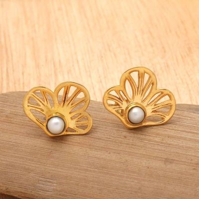 Primary image for 22k Gold-plated Cultured Pearl Clover Button Earrings Marine Clover