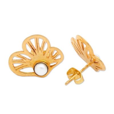 Alternate image for 22k Gold-plated Cultured Pearl Clover Button Earrings Marine Clover