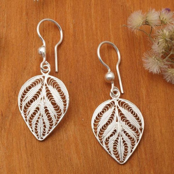 Alternate image for Filigree Matte-Finished Openwork Silver Leaf Earrings Leafy Elegance