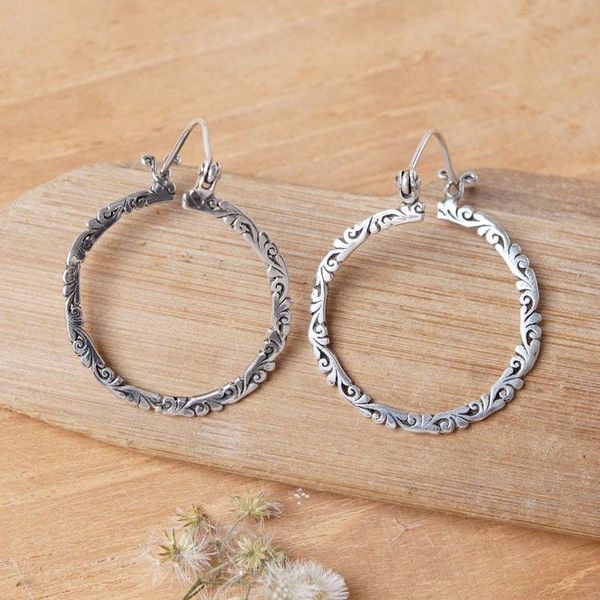 Alternate image for Leafy Polished and Oxidized Sterling Silver Hoop Earrings Eternal Prosperity