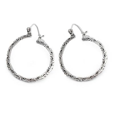 Alternate image for Leafy Polished and Oxidized Sterling Silver Hoop Earrings Eternal Prosperity