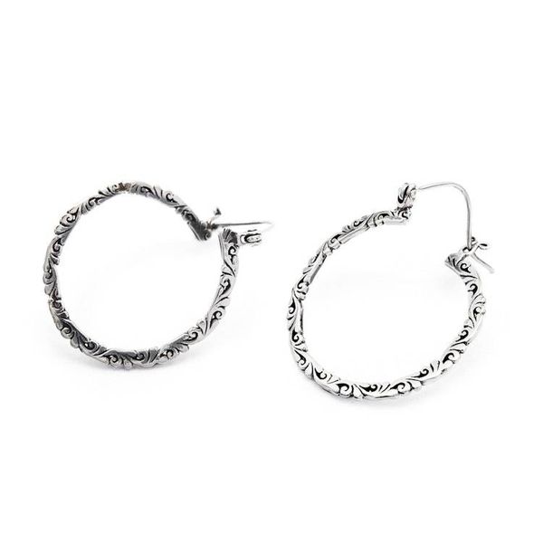 Alternate image for Leafy Polished and Oxidized Sterling Silver Hoop Earrings Eternal Prosperity