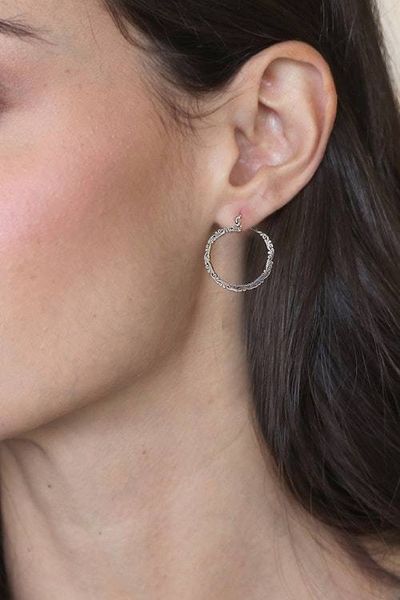 Alternate image for Leafy Polished and Oxidized Sterling Silver Hoop Earrings Eternal Prosperity