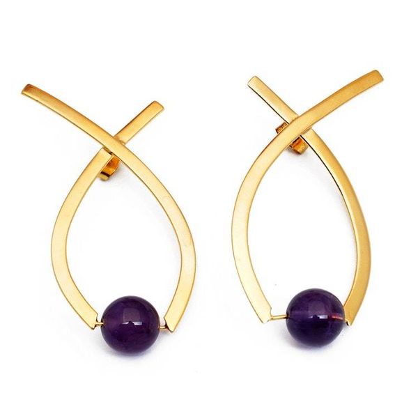 Alternate image for Semi-Abstract Gold-Plated Drop Earrings with Amethyst Gems Sagacious Ribbon