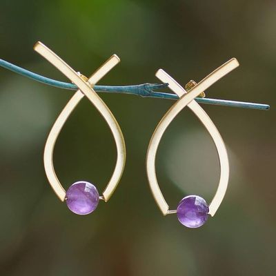 Alternate image for Semi-Abstract Gold-Plated Drop Earrings with Amethyst Gems Sagacious Ribbon