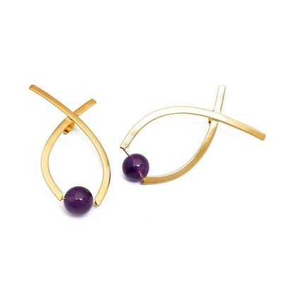 Alternate image for Semi-Abstract Gold-Plated Drop Earrings with Amethyst Gems Sagacious Ribbon