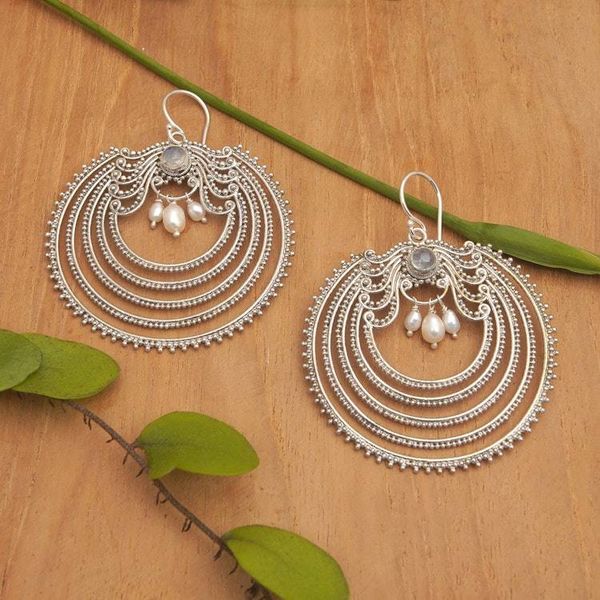 Alternate image for Dangle Earrings with Pearls and Natural Rainbow Moonstones Fancy Harmony