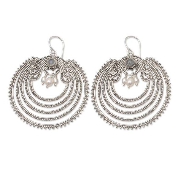 Alternate image for Dangle Earrings with Pearls and Natural Rainbow Moonstones Fancy Harmony