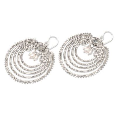 Alternate image for Dangle Earrings with Pearls and Natural Rainbow Moonstones Fancy Harmony