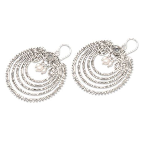 Alternate image for Dangle Earrings with Pearls and Natural Rainbow Moonstones Fancy Harmony
