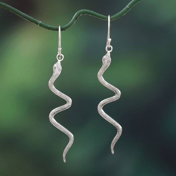 Alternate image for Textured Whimsical Sterling Silver Snake Dangle Earrings Twin Snakes