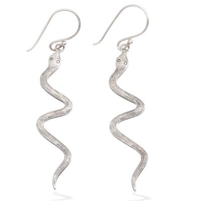 Alternate image for Textured Whimsical Sterling Silver Snake Dangle Earrings Twin Snakes
