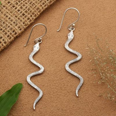 Alternate image for Textured Whimsical Sterling Silver Snake Dangle Earrings Twin Snakes