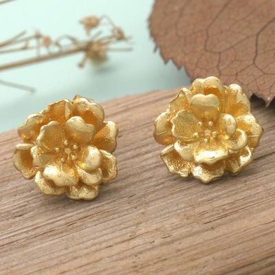 Primary image for Balinese Hibiscus-Shaped 18k Gold-Plated Button Earrings Victory of Hibiscus