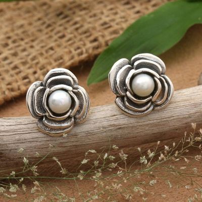 Primary image for Sterling Silver and Grey Cultured Pearl Rose Button Earrings White Bouquet