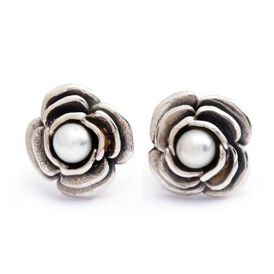 Alternate image for Sterling Silver and Grey Cultured Pearl Rose Button Earrings White Bouquet