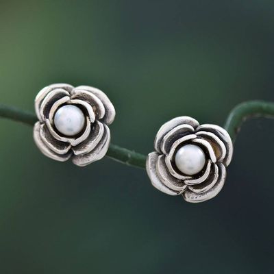 Alternate image for Sterling Silver and Grey Cultured Pearl Rose Button Earrings White Bouquet