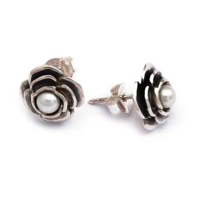 Alternate image for Sterling Silver and Grey Cultured Pearl Rose Button Earrings White Bouquet