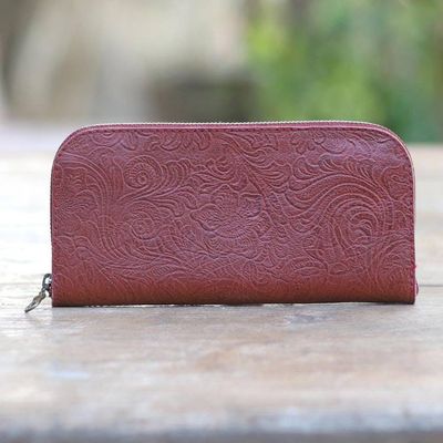 Alternate image for Red Leather Wallet Tooled with Floral Designs Flowers of Ubud in Red