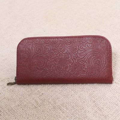 Alternate image for Red Leather Wallet Tooled with Floral Designs Flowers of Ubud in Red