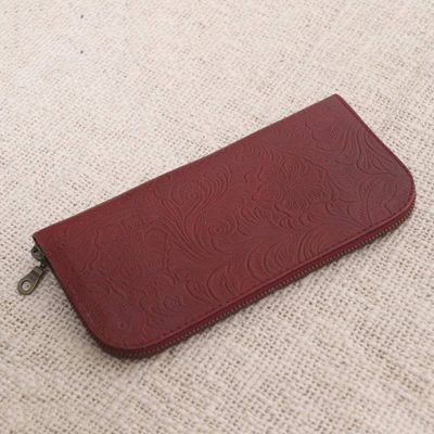 Alternate image for Red Leather Wallet Tooled with Floral Designs Flowers of Ubud in Red