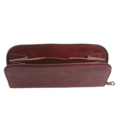 Alternate image for Red Leather Wallet Tooled with Floral Designs Flowers of Ubud in Red